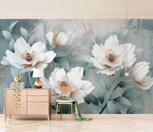 Tranh dán tường hoa 3d màu xanh nhạt